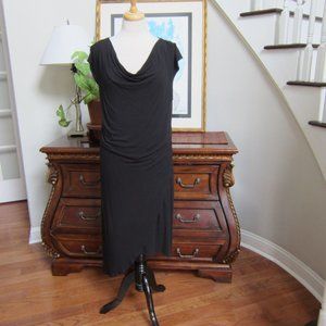 Tahari Black Cap Sleeve Draped Cowl Neck Knit Asymmetrical Hem Dress Size L
